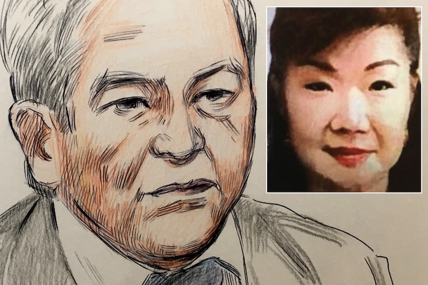 A court sketch of a man with grey hair and an inset driver's licence photo of a woman with black hair.