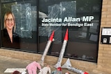Jacinta Allan's office window cracked and smashed with rockets and bloodied baby dolls laid in front of it.