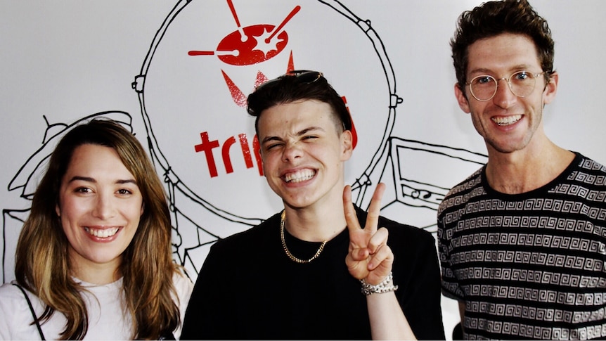 Dominic Harrison aka Yungblud, at triple j offices with Gen Fricker and Lewis Hobba