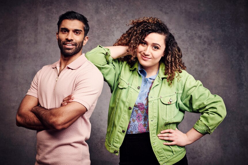 Promo image of Starstruck's Tom (Nikesh Patel) and Jessie (Rose Matafeo) smiling and looking to the camera.