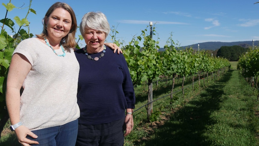 Two women are standing amongst vines with their arms over each other smiling at the camera