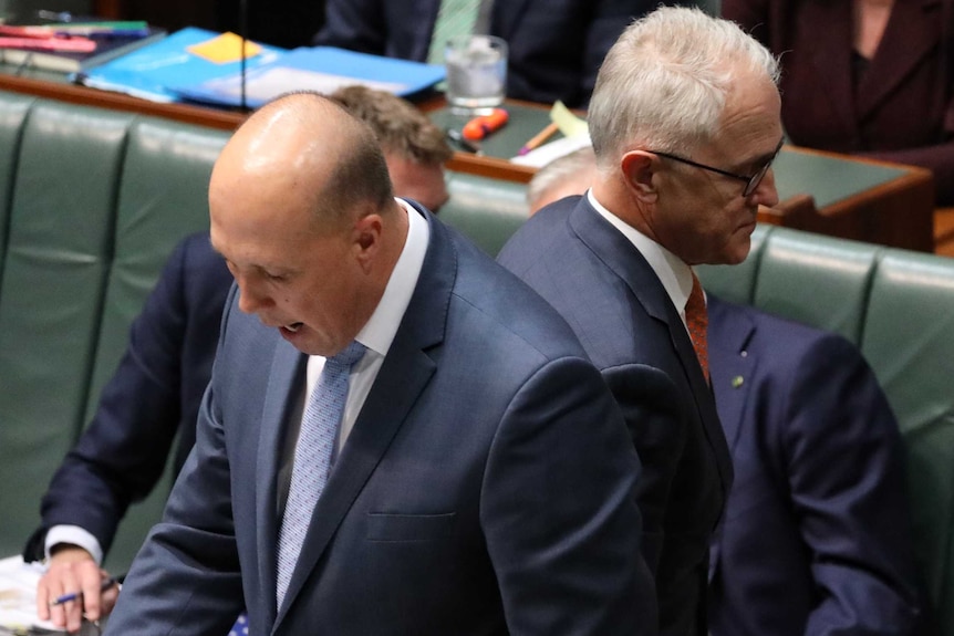 Mr Turnbull walks behind Mr Dutton, who is standing at the despatch box.
