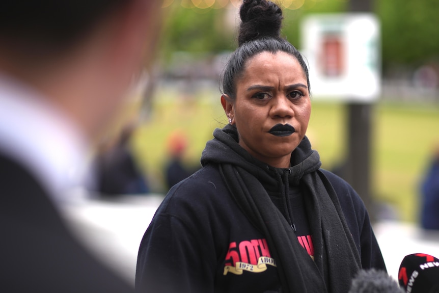 Actress and activist Natasha Wanganeen at a vigil for Cassius Turvey.