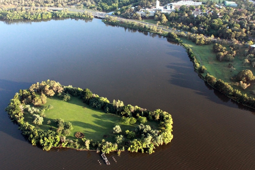 View from a hot air balloon above Lake Burley Griffin and Springbank Island