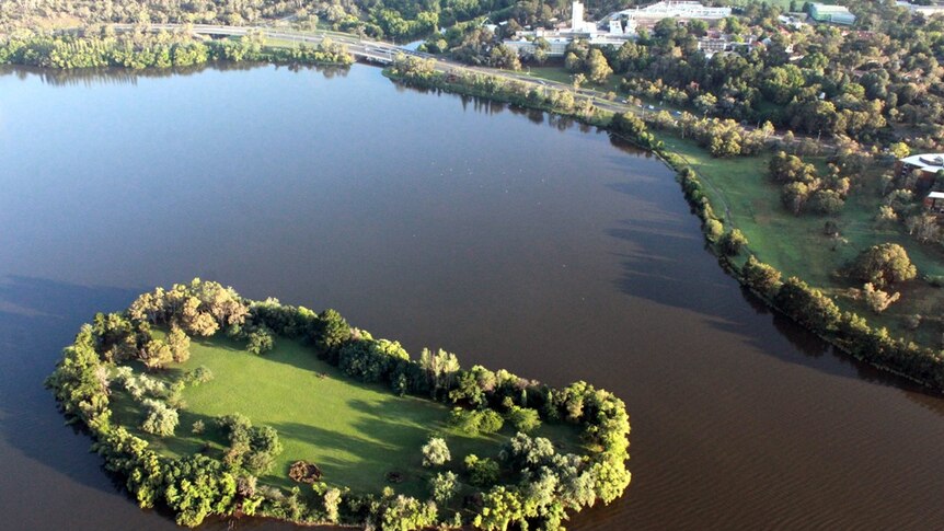 View from a hot air balloon above Lake Burley Griffin and Springbank Island