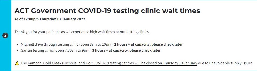 A screenshot of the ACT's COVID-19 website shows the two remaining testing centres are at capacity.