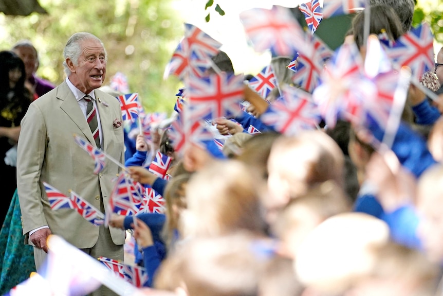 Dozens on UK flags wave at King Charles walking down a lane 