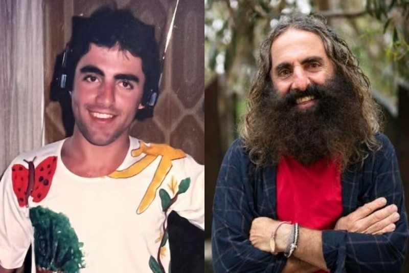 A composite image of a young man with a shaved face, and an older man with a very bushy beard.