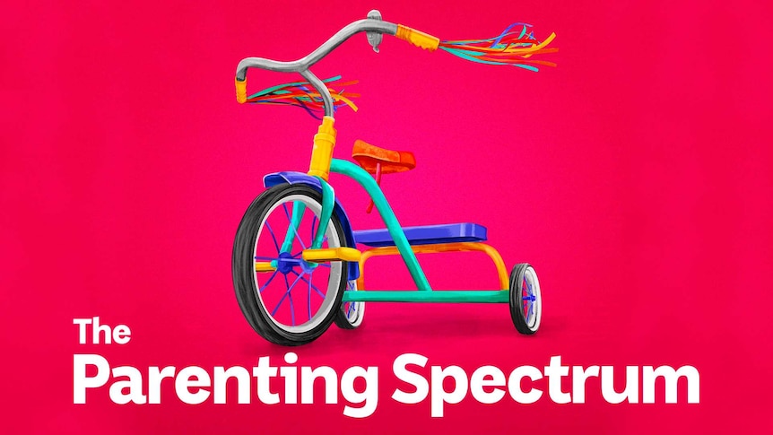 Kids tricycle with streamers flying in the wind against a reddish pink background