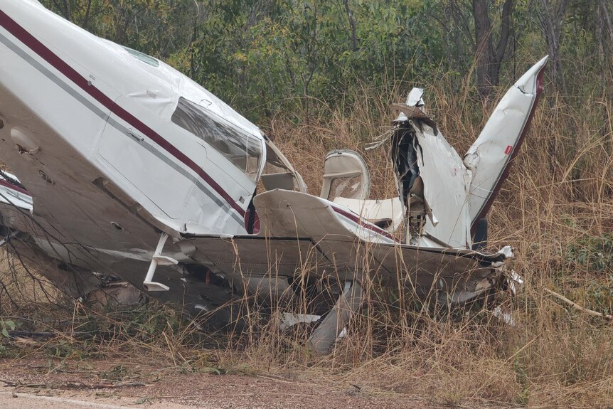 The wreckage of a plane at the side of a road