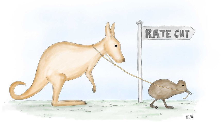 A New Zealand kiwi bird leads an Australian kangaroo towards a sign saying 'rate cuts'.