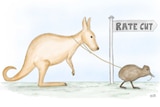 A New Zealand kiwi bird leads an Australian kangaroo towards a sign saying 'rate cuts'.