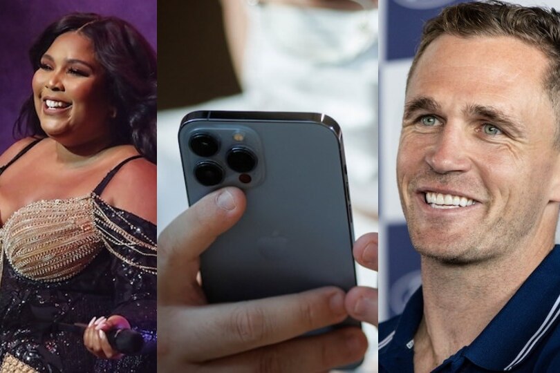 A composite image of singer Lizzo, a hand holding an iPhone and AFL player Joel Selwood