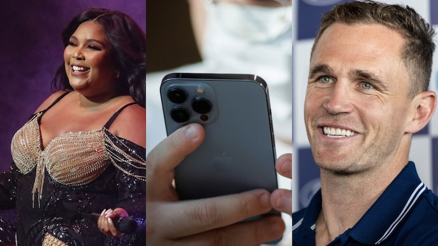 A composite image of singer Lizzo, a hand holding an iPhone and AFL player Joel Selwood