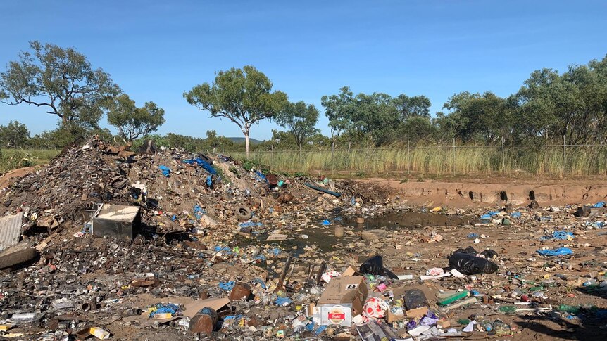 large pile of rubbish surrounded by grass and trees