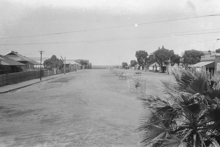 A black and white photo of a wide dirt road lined with houses, with a palm tree in the corner right foreground.
