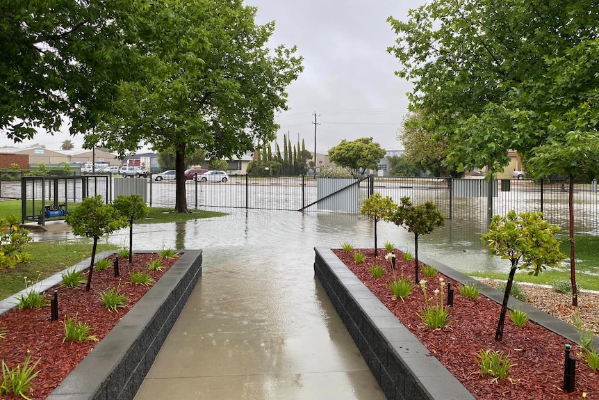 Flooded entry path to St Mary's Primary School 