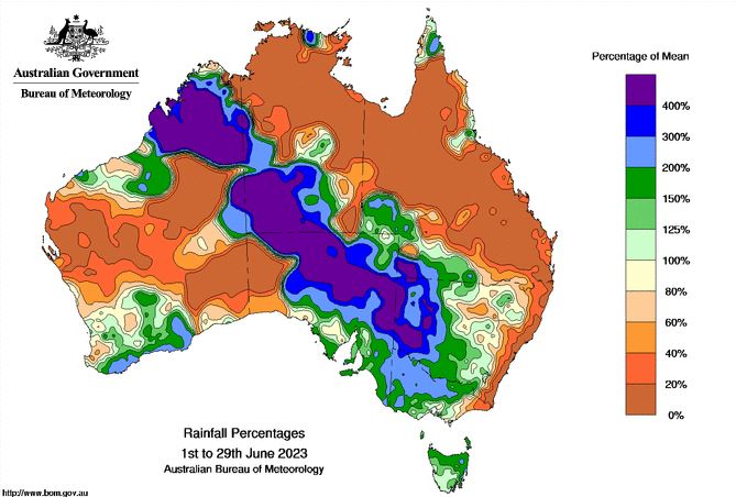 A map of the rainfall totals across Australia in June