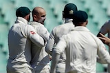 Australia celebrates a Nathan Lyon wicket