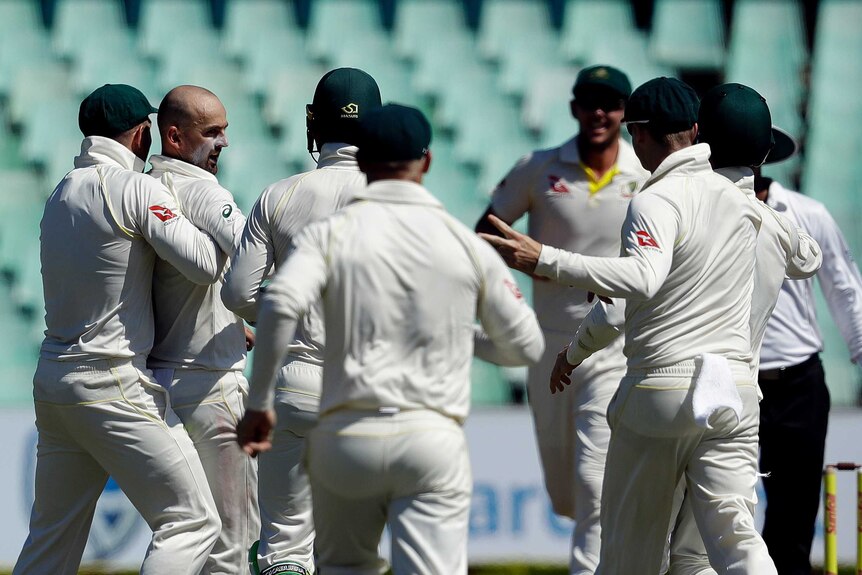 Australia celebrates a Nathan Lyon wicket