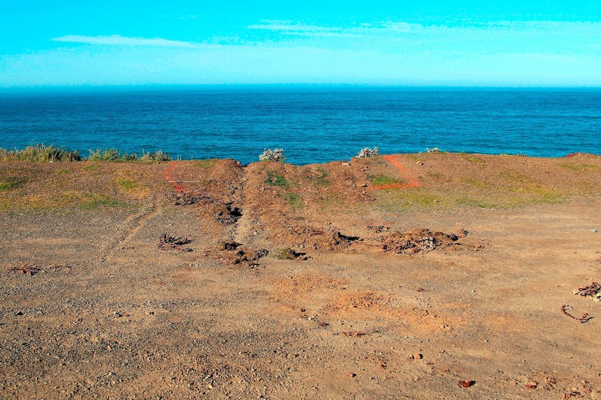 Ruts cut into the clifftop where the SUV of Jennifer and Sarah Hart plunged in 2018.