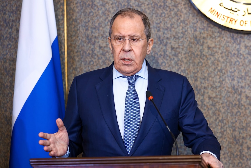 Russia's Foreign Minister Sergei Lavrov speaking