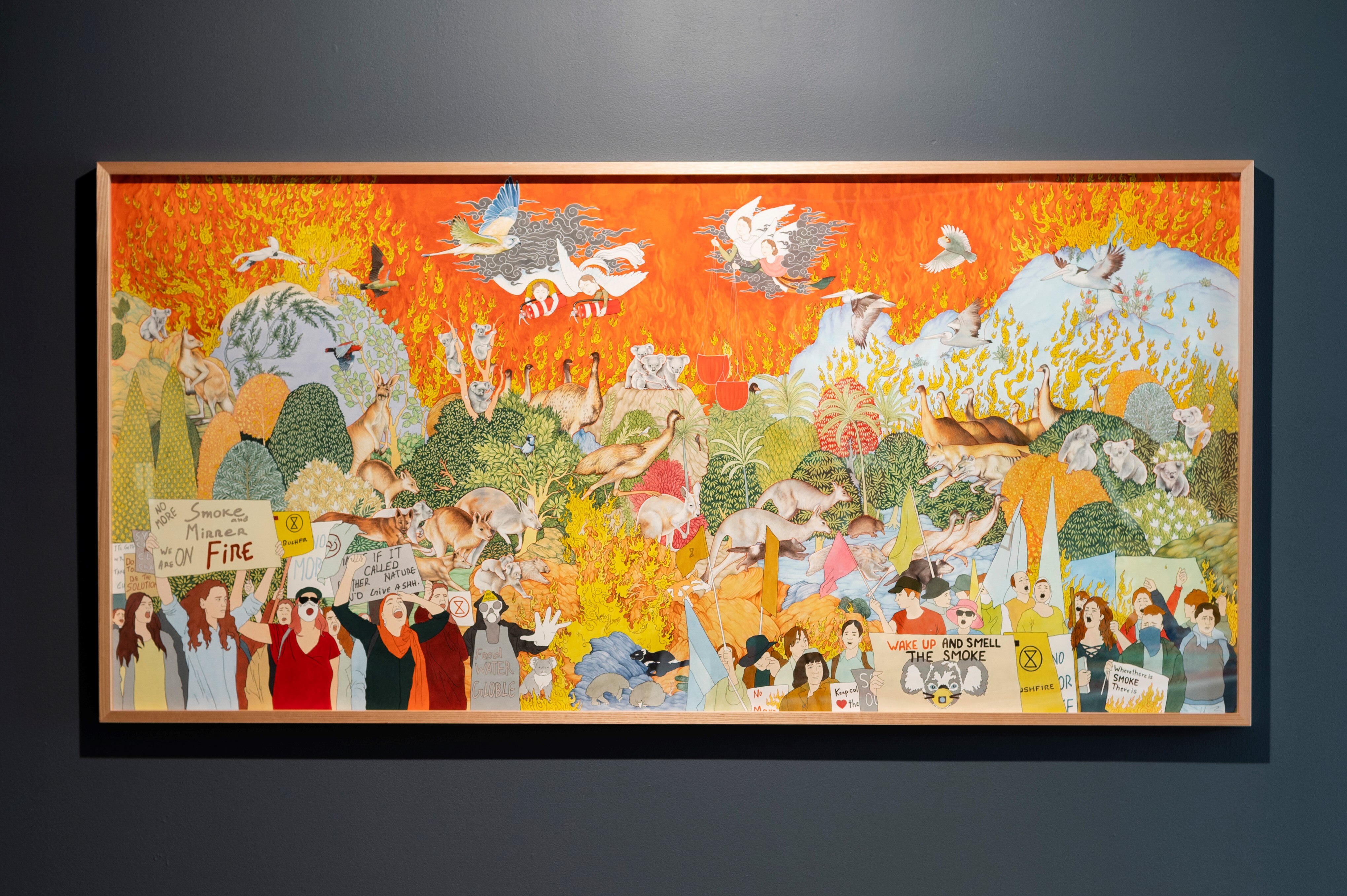 A painting by Khadim Ali depicting animals fleeing fire and humans protesting about climate change