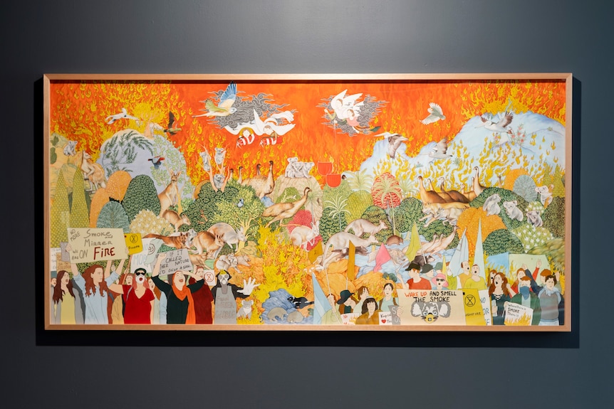 A painting by Khadim Ali depicting animals fleeing fire and humans protesting about climate change