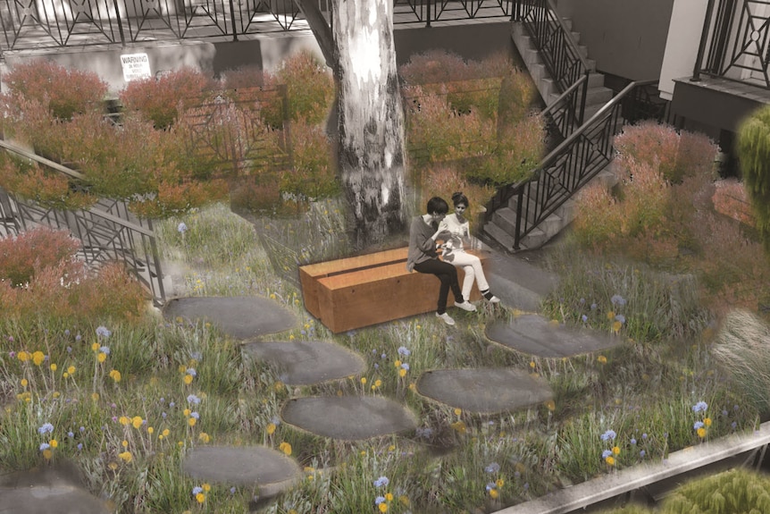 An artists impression of two people sitting on a bench in a lush garden courtyard.