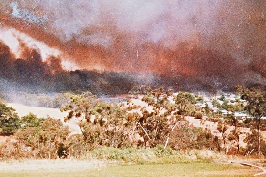 The 1983 Ash Wednesday fires burning down the hills behind Clare, north of Adelaide.