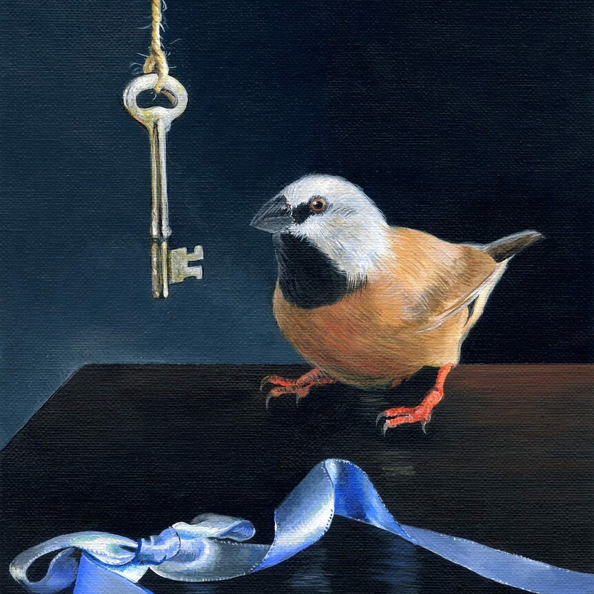 A painting of a black-throated finch next to a key on a string.