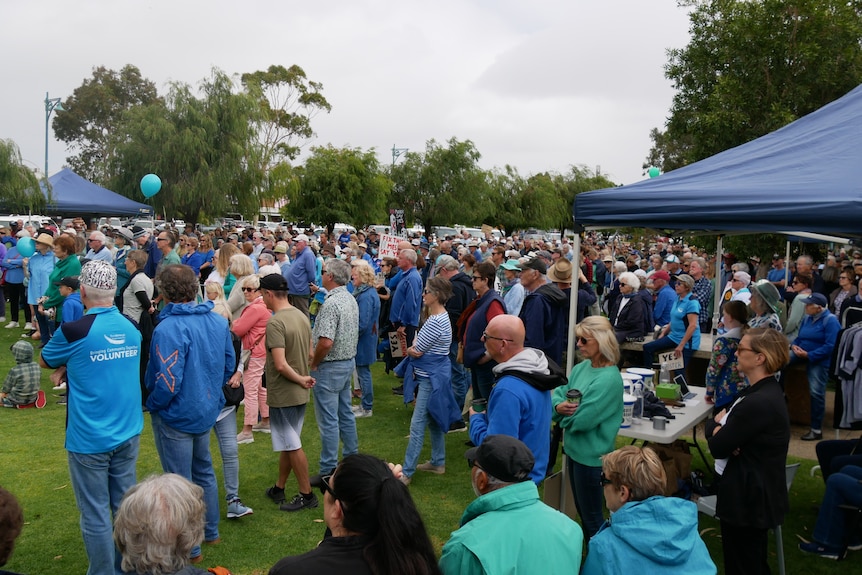 A large group of people gathered outside in a park