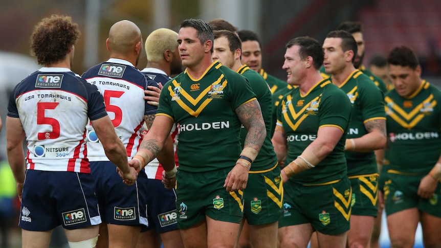 Convincing win ... The Kangaroos and Tomahawks shake hands after full-time