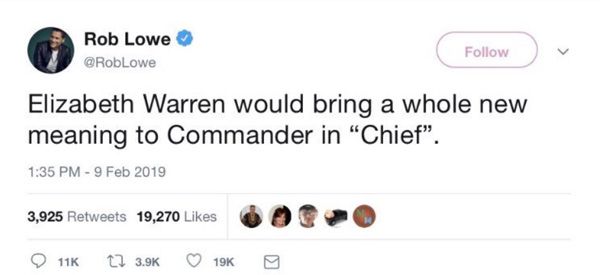 A tweet that reads: Elizabeth Warren would bring a whole new meaning to Commander in "Chief".