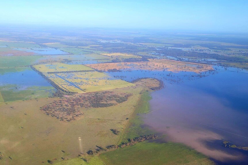 An aerial view of flooded farmland.