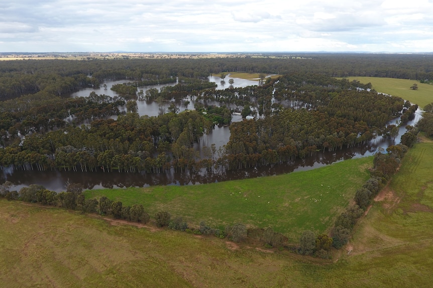An Aerial view of flooded farm land 