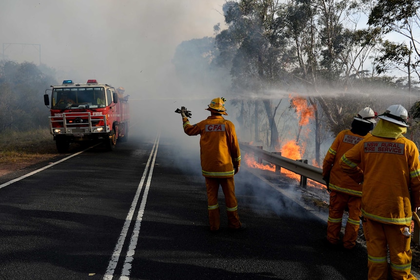 NSW Rural Fire Service and Victorian CFA firefighters strengthen containment lines.