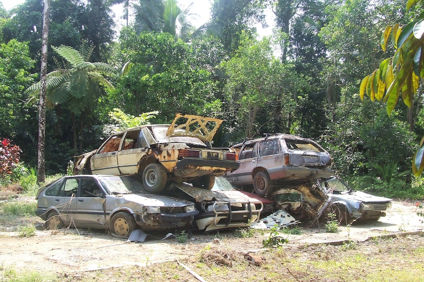 Rusted car bodies piled up with trees in the background.