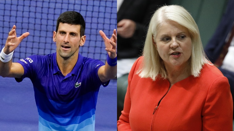 A picture of a tennis player in blue and a woman in a red dress