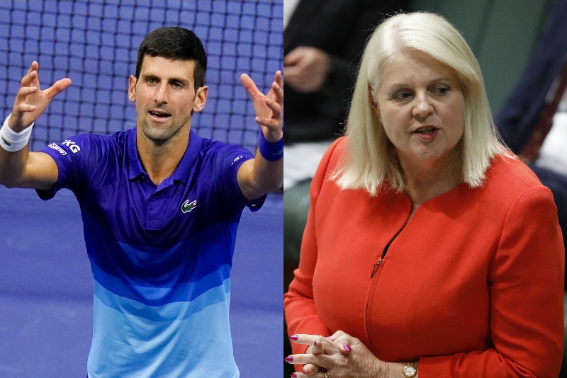 A picture of a tennis player in blue and a woman in a red dress