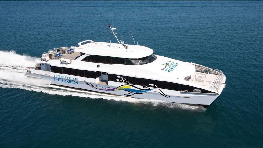 A white catamaran with Port Phillip Ferries written on the side.