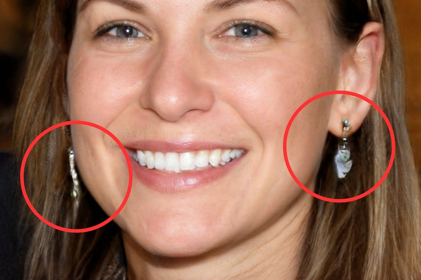 A closeup of an AI generated face with circles highlighting asymmetrical earrings.