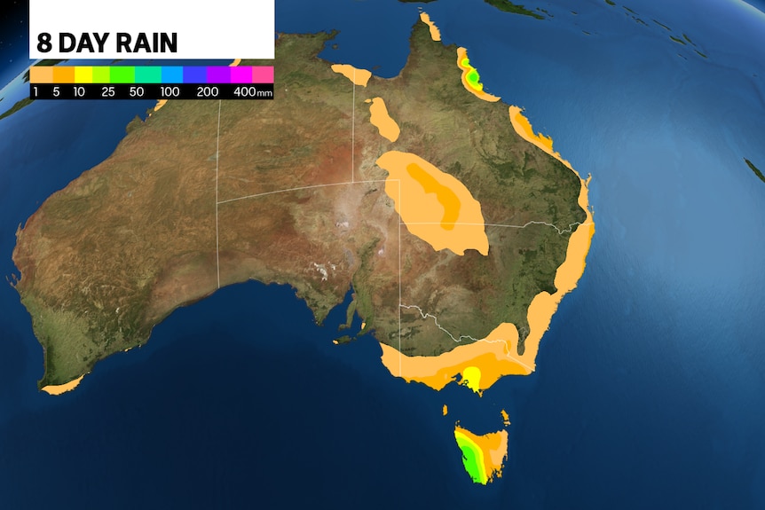 A map of Australia showing there will only be rain along jthe length of the east coast and a little in inland NSW and queensland