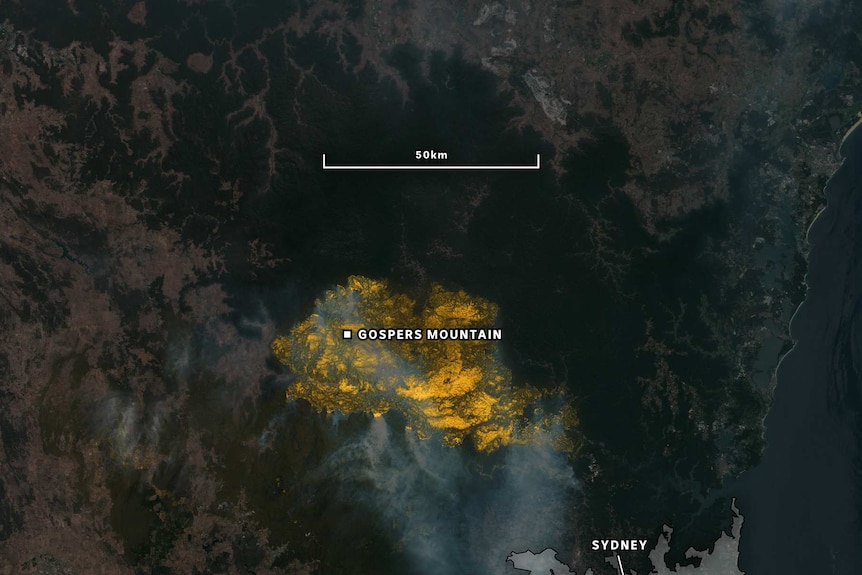 Satellite imagery showing fire scarring at Gospers Mountain