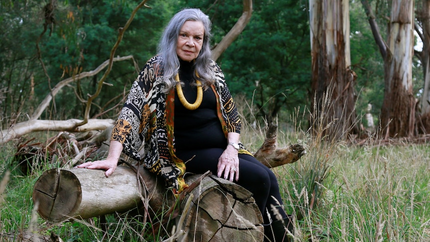 A woman with long silver hair wearing big yellow beads sits on a log in a beautiful clearing