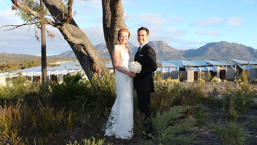 Sarah O'Brien and Dean Katsavos on their wedding day, in a story about whether love at first sight is real.