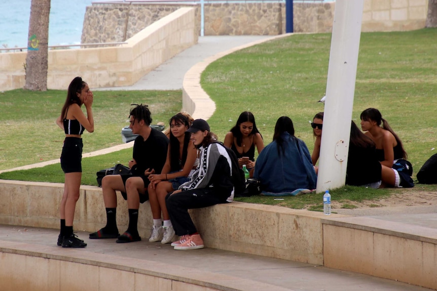 A group of teenagers sitting on a wall.