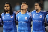 A man is brought to tears during the Samoan national anthem before a rugby league test