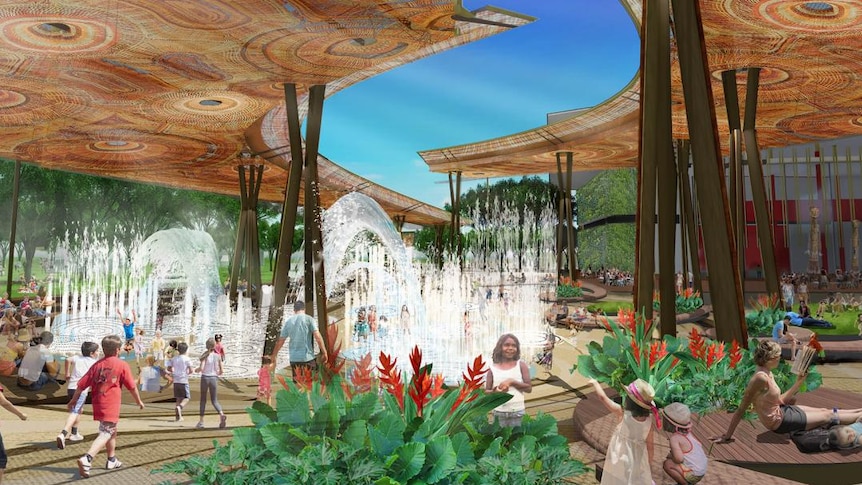 A design with people walking in a courtyard and a fountain at the centre.