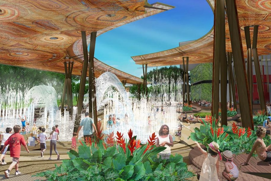A design with people walking in a courtyard and a fountain at the centre.